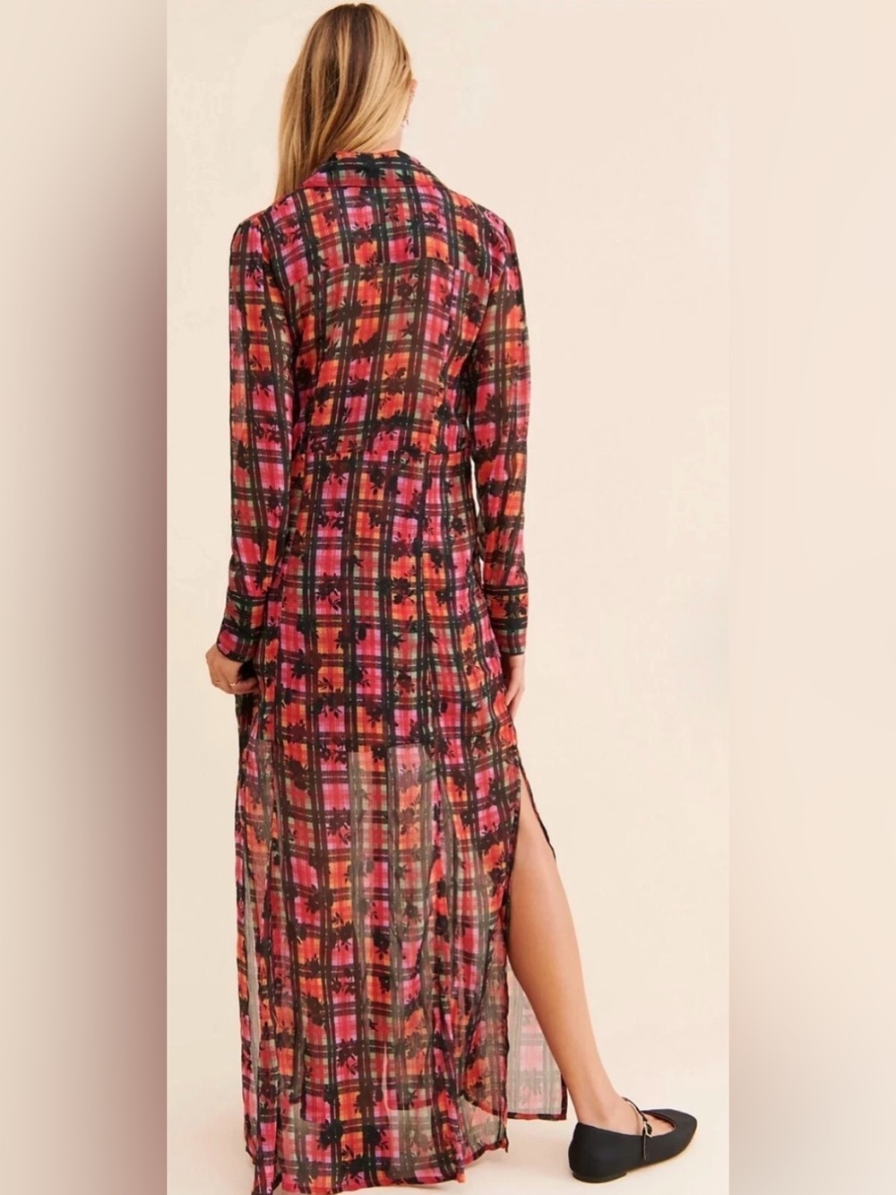 Free People Jerra Plaid Floral Maxi Shirt Dress Sheer Black Pink Orange XS Boho - Picture 3 of 9